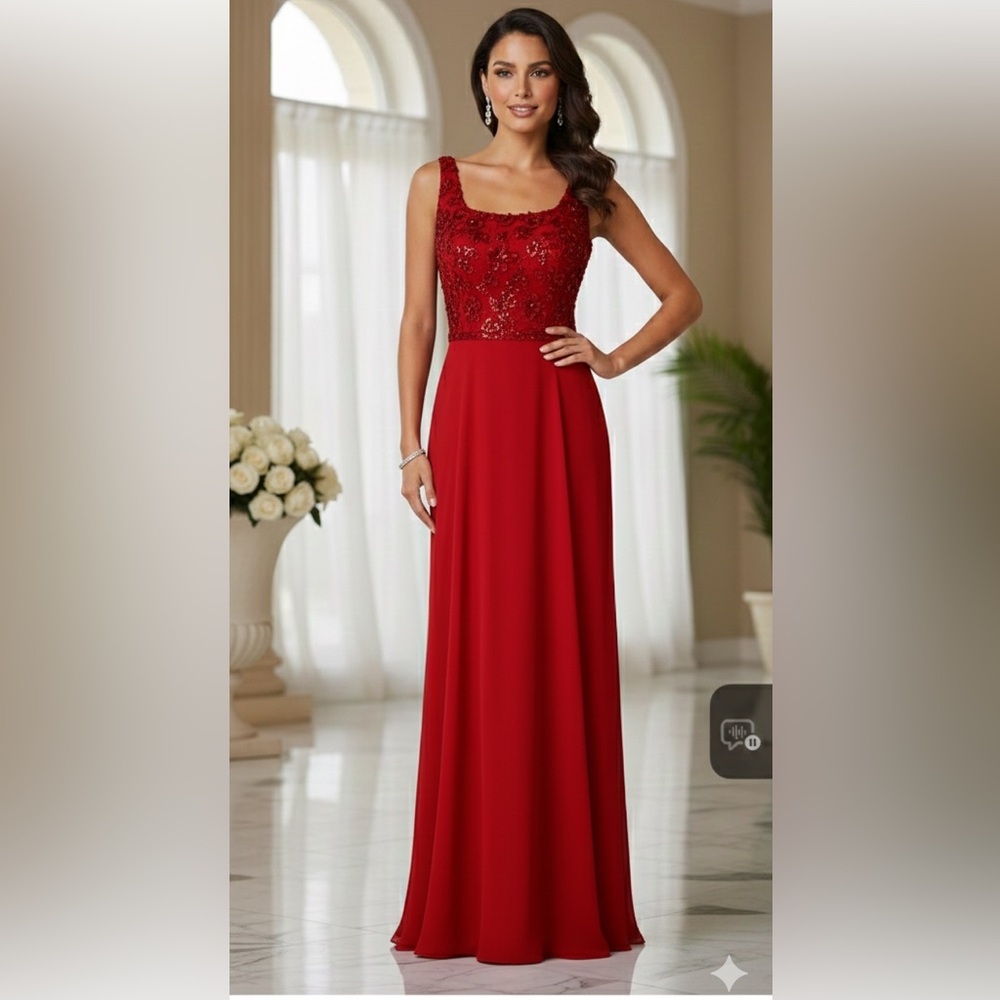 VTG ~ Peggy Jennings Couture Scarlet Chiffon Gown with Florals S/M 🌹